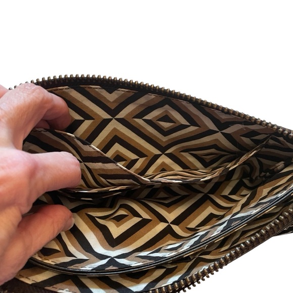 Lattico Leather Wristlet-Dark Brown-Three Zip Compartments-Geometric Fabric - Picture 5 of 9